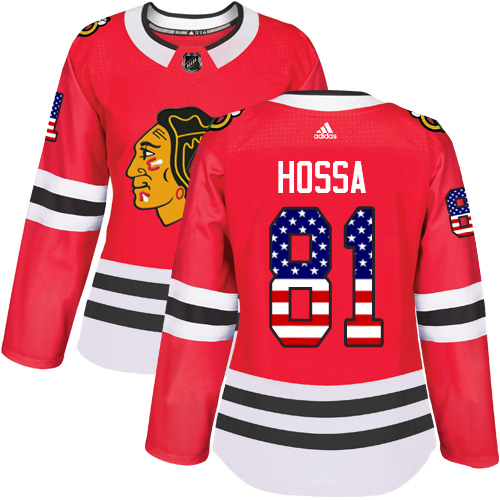 Adidas Blackhawks #81 Marian Hossa Red Home Authentic USA Flag Women's Stitched NHL Jersey - Click Image to Close